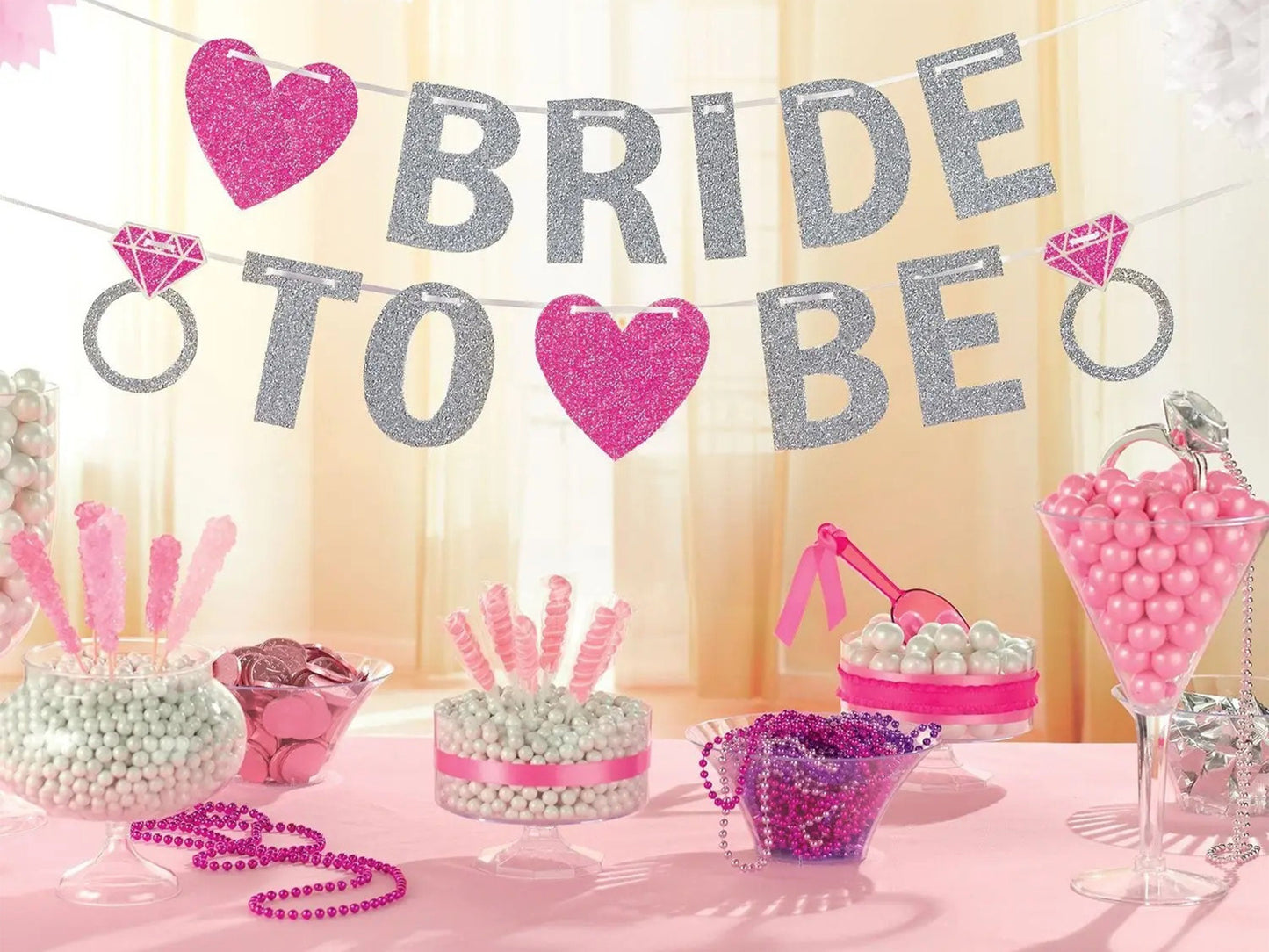 Bride To Be Banner, Hens Party Bridal Shower Glitter Decorations Engagement Bunting Banner Silver Pink Heart Shaped Banner