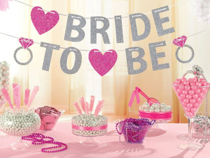 Bride To Be Banner, Hens Party Bridal Shower Glitter Decorations Engagement Bunting Banner Silver Pink Heart Shaped Banner