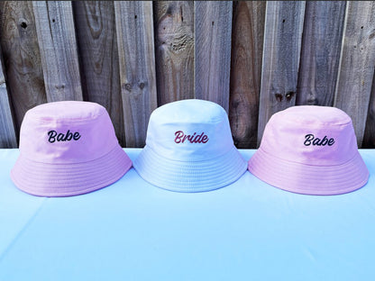 Bride Bucket Hat - White, Black, Pink Embroidered Cotton Sun Hat, Hens Party, Bachelorette Gift, Party Favor, Cool Bach, Bridal Shower