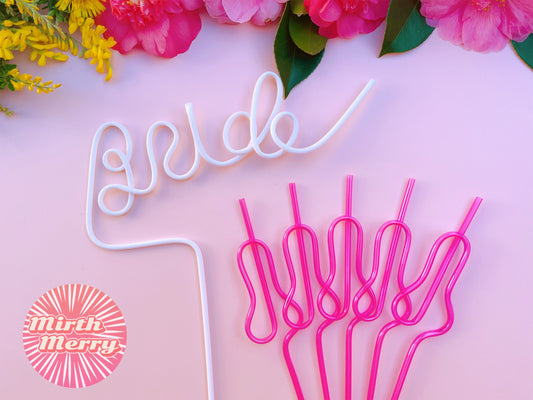 Hot Pink Swirly Penis Straw + Bride Straw,| Bachelorette Party Favors | Bride To Be Bridal Shower | Hen Party Supplies Penis