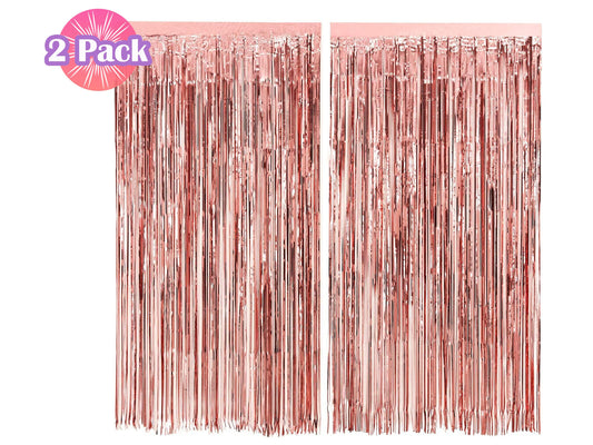 Rose Gold Fringe Foil Curtain - Set of 2 | Bridal Shower Backdrop, Wedding, Hen Party, Birthday Photo Booth, Baby Shower