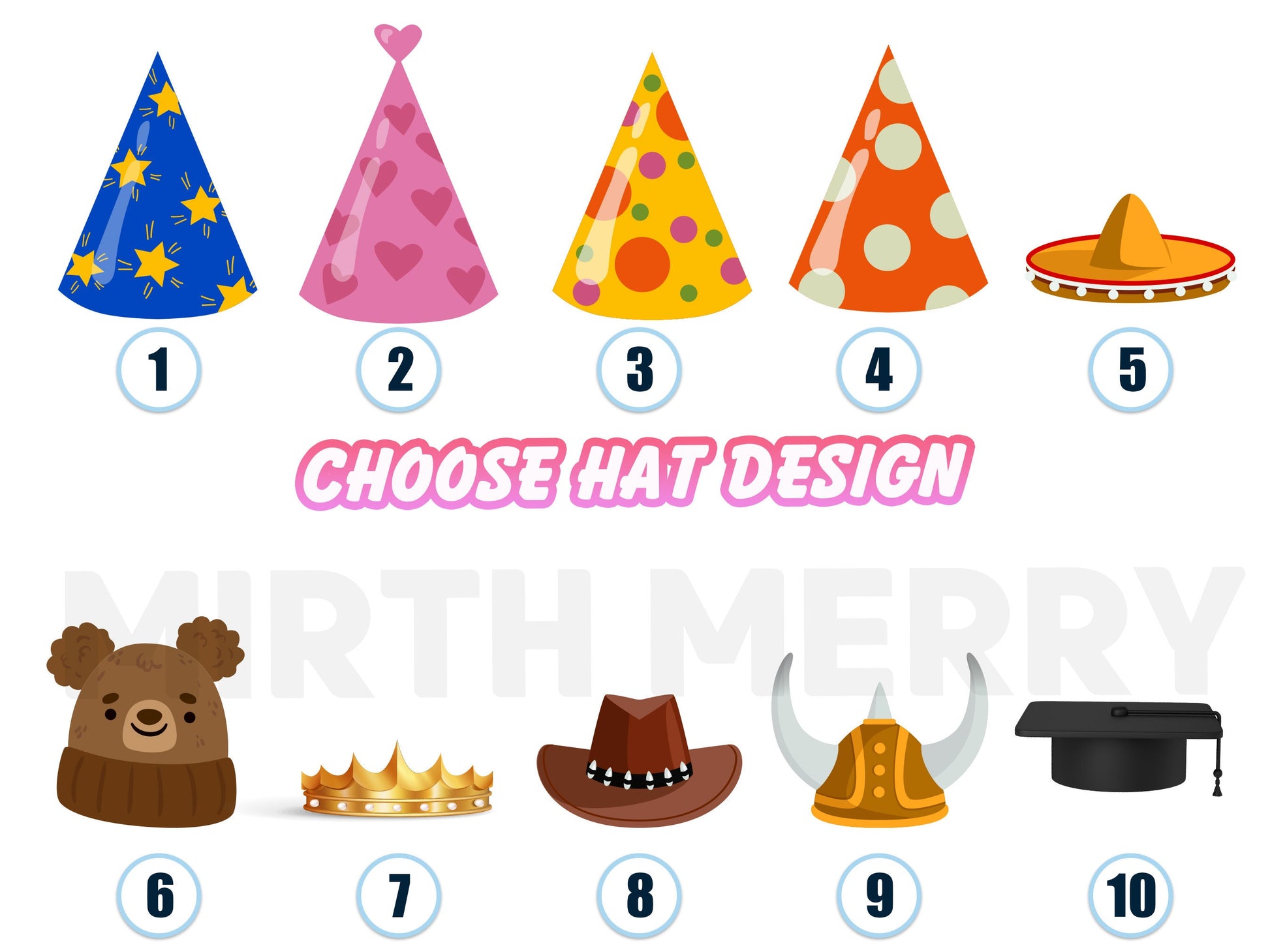 Personalize party hats with your own custom face on cupcake toppers.