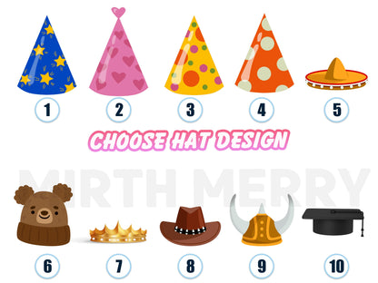 Personalize party hats with your own custom face on cupcake toppers.