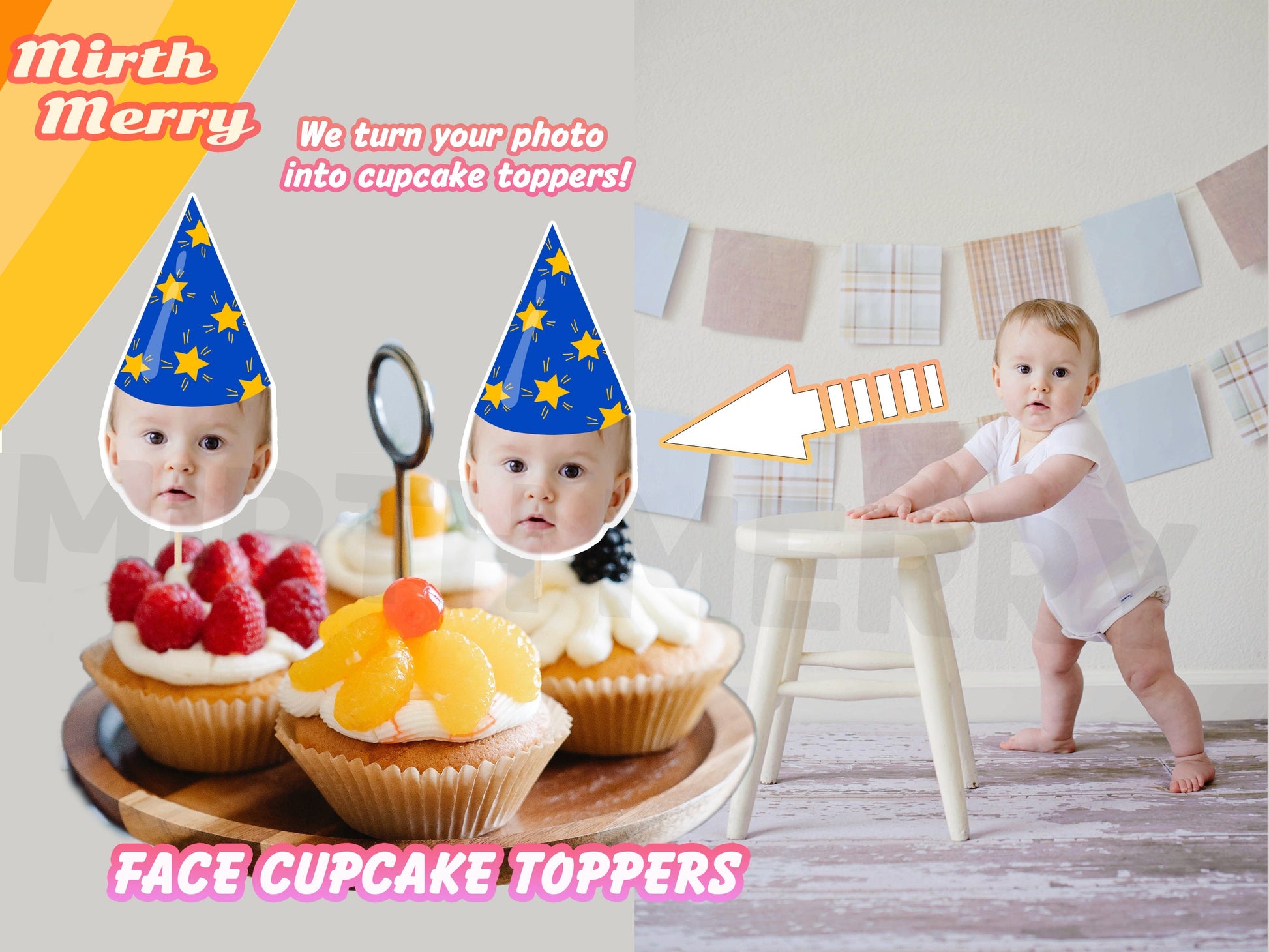 custom baby face on cupcake toppers with party hat