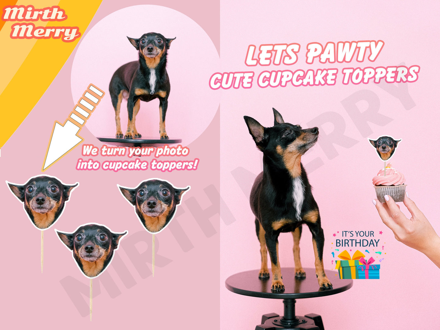 custom face on cupcake toppers for pet parties. Celebration for your pet, dog and cat.