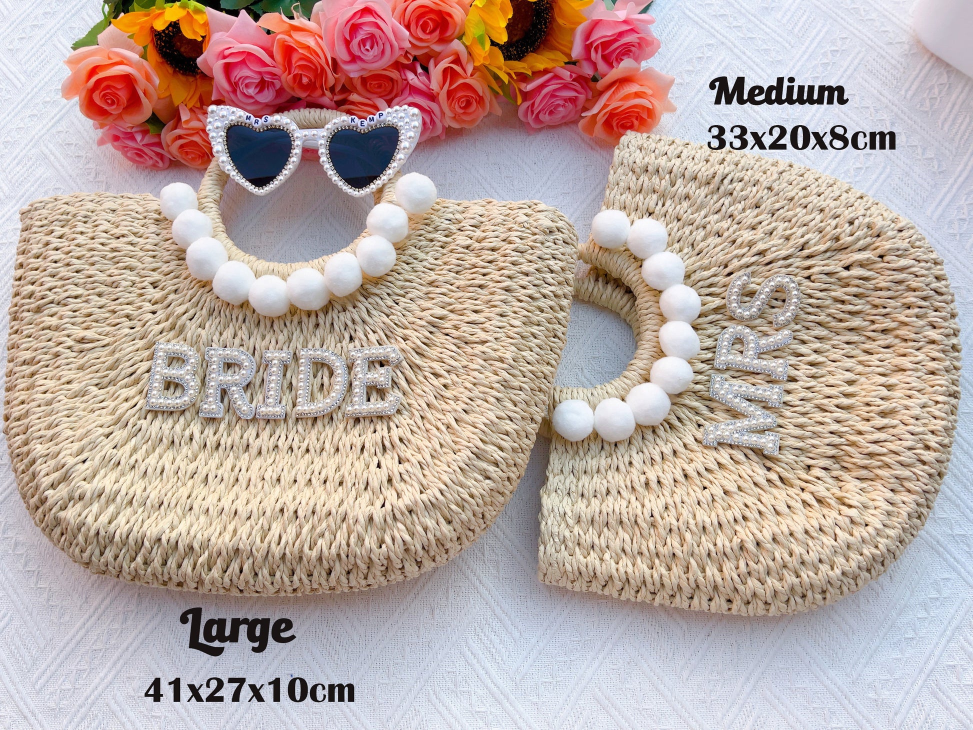 Personalised Bag Embellished Pearl + Rhinestones Straw Clutch Shoulder Bag, Mrs Wifey Bride , Bridal Wedding Hen Gift Bachelorette Purse