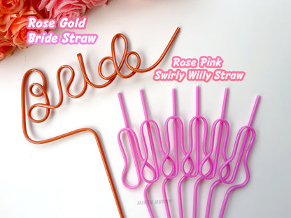Rose Pink Swirly Penis Straw + Bride Straw,| Bachelorette Party Favors | Bride To Be Bridal Shower | Hen Party Supplies Penis